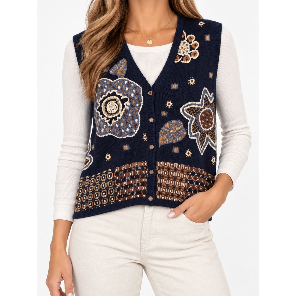 Vintage Portraits Northern Isles Hand Embroidered Floral Knit Sweater Vest L
